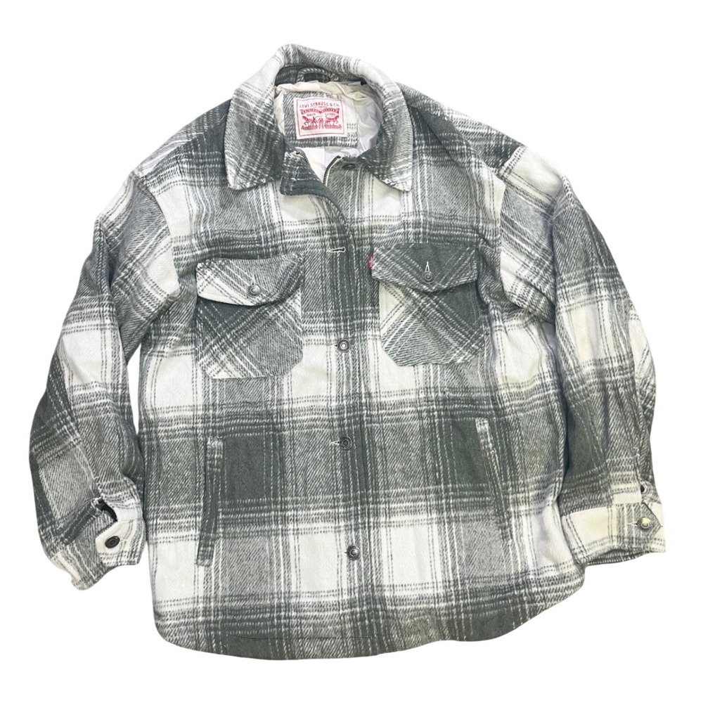 Levi Strauss Womens Green Plaid Full Zip Button Shacket Shirt Jacket Medium